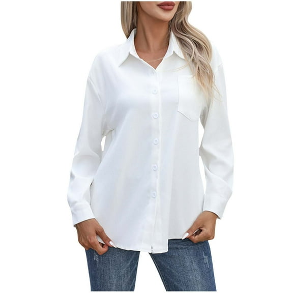Wyobmus Womens Loose Long Sleeve Shirt Notch Lapel Dress Shirt Lightweight Solid Color Button Down Blouse White