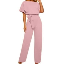 Wyobmus Womens Loose Short Sleeve Jumpsuits Belted Wide Leg Pant Romper Jumpsuit Casual V Neck Fashion One Piece Outfits A-Pink