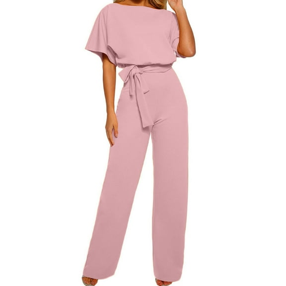 Wyobmus Womens Loose Short Sleeve Jumpsuits Belted Wide Leg Pant Romper Jumpsuit Casual V Neck Fashion One Piece Outfits A-Pink