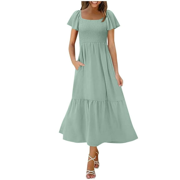 Wyobmus Womens Maxi Dress Summer Casual Flutter Crew Neck Solid Color Maxi Dress Ruffle Short Sleeve Tiered Boho Long Dresses With Pocket A-Olive Green