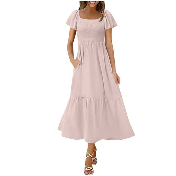 Wyobmus Womens Maxi Dress Summer Casual Flutter Crew Neck Solid Color Maxi Dress Ruffle Short Sleeve Tiered Boho Long Dresses With Pocket A-Pink