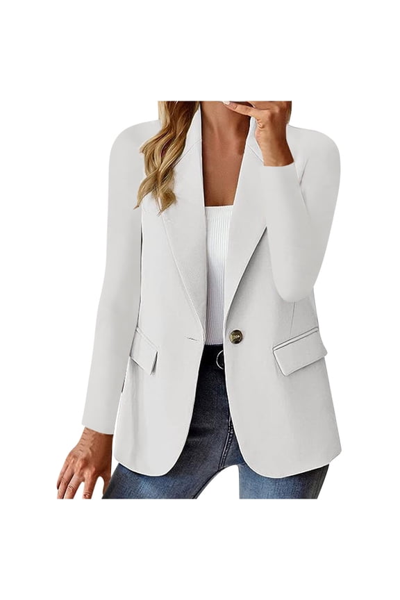 Womens One Button Blazer Lightweight Work Office Blazer Stretch Lapel Collar Long Sleeve Jacket Suit Blazer White