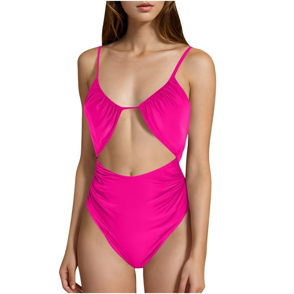 Wyobmus Womens One Piece Swimsuit Tummy Control Bathing Suit Front Cutout Adjustable Spaghetti Straps Cheeky Ruched Beach Swimwear Hot Pink