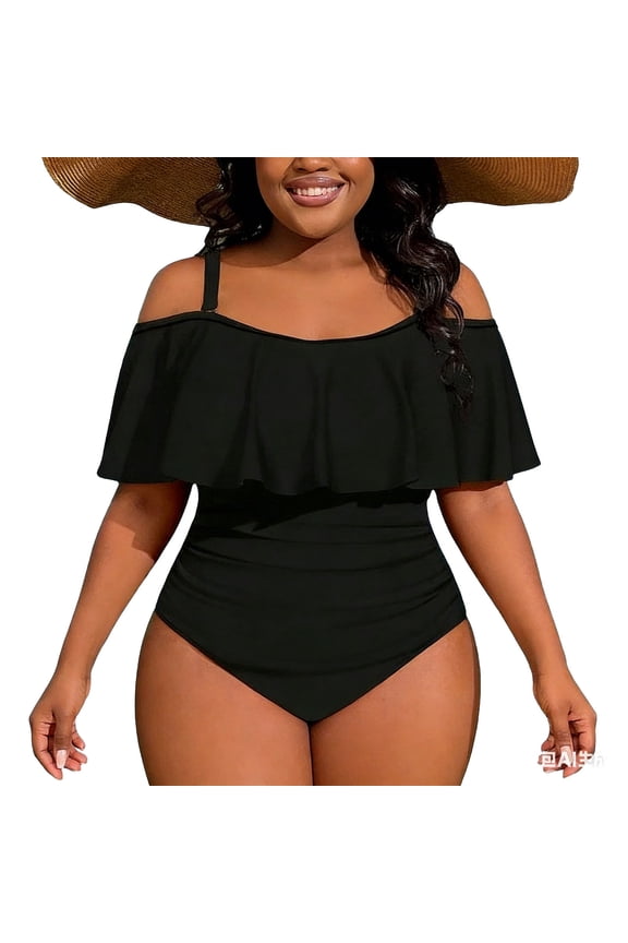 Womens One Piece Swimsuit with Built In Bra Plus Size Full Coverage Swim Bathing Suit Off Shoulder Tummy Control Ruffle Swim Dress Black