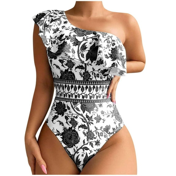 Wyobmus Womens One Piece Swimsuits Printing One Shoulder Ruffle Bathing Suits Tummy Control High Cut Swimwear Black