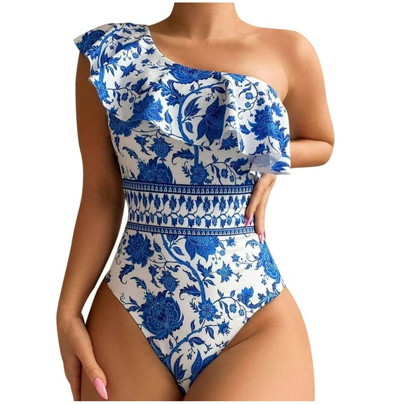 Wyobmus Womens One Piece Swimsuits Printing One Shoulder Ruffle Bathing Suits Tummy Control High Cut Swimwear Blue