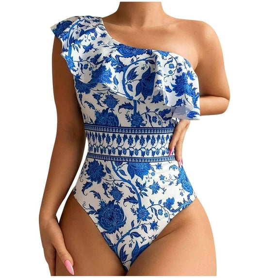 Wyobmus Womens One Piece Swimsuits Printing One Shoulder Ruffle Bathing Suits Tummy Control High Cut Swimwear Blue