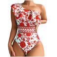 thumbnail image 1 of Wyobmus Womens One Piece Swimsuits Printing One Shoulder Ruffle Bathing Suits Tummy Control High Cut Swimwear Red, 1 of 6