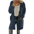 thumbnail image 1 of Wyobmus Womens Oversized Fuzzy Cardigan Casual Solid Color Button Down Knee Length Jacket Tops With Pockets Navy, 1 of 3