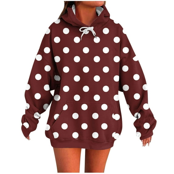 Wyobmus Womens Oversized Hoodies Casual Polka Dots Pullover Sweatshirts Long Sleeve Drawstring Hoodies with Pocket Fall Fashion Pullover Tops B-Burgundy