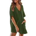 thumbnail image 1 of Wyobmus Womens Oversized Rompers Summer Loose Fit Tee Rompers Deep V Neck Half Sleeve Ruffled Hem Overalls With Pockets 2025 Beach Outfits Olive Green, 1 of 5