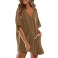thumbnail image 1 of Wyobmus Womens Oversized Rompers Summer Loose Fit Tee Rompers Deep V Neck Half Sleeve Ruffled Hem Overalls With Pockets 2025 Beach Outfits Coffee, 1 of 5