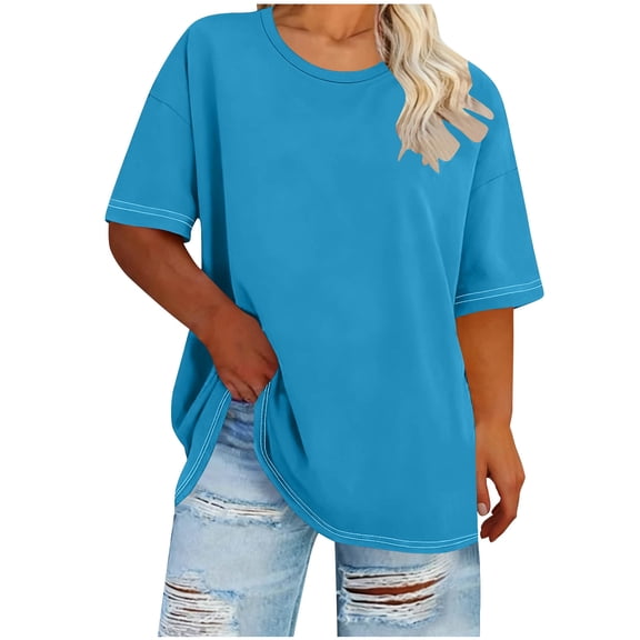 Wyobmus Womens Oversized Summer T Shirts Plus Size Cute Casual Shirt Short Sleeves Fashion Crew Basic Shirt B-Blue