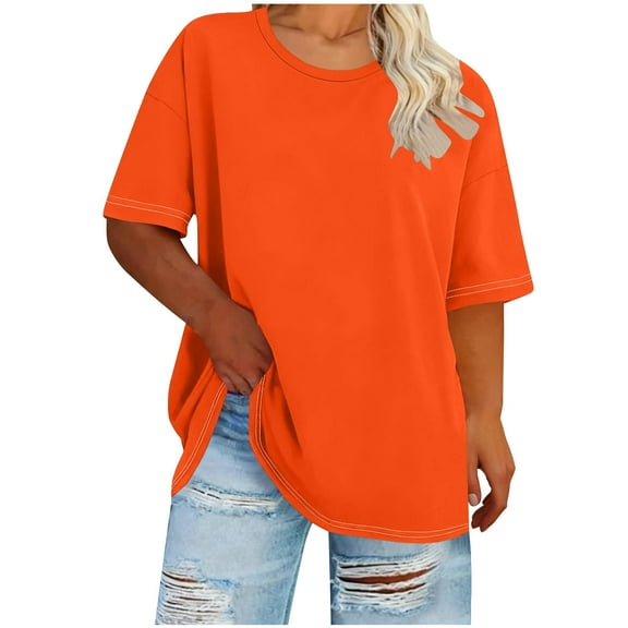 Wyobmus Womens Oversized Summer T Shirts Plus Size Cute Casual Shirt Short Sleeves Fashion Crew Basic Shirt B-Orange