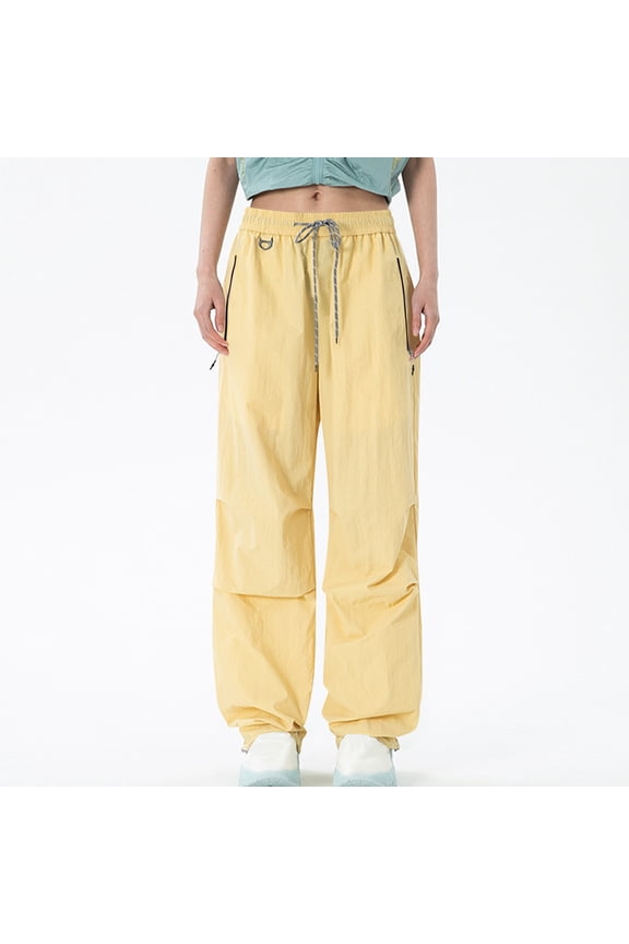 Womens Parachute Pants Lightweight Quick Dry Hiking Pants Water-Resistant Wide Leg Baggy Pants Y2K Elastic Waisted Track Pants A-Yellow