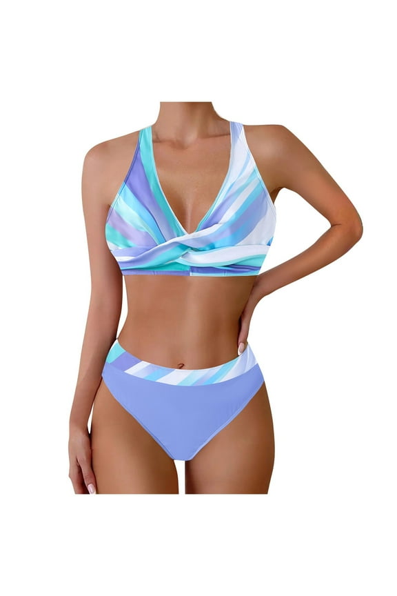 Womens Plus Size Bikini Set 2 Piece Floral Print Swimsuit Adjustable Strap High Waist Bikini Sets Bathing Suit F-Purple