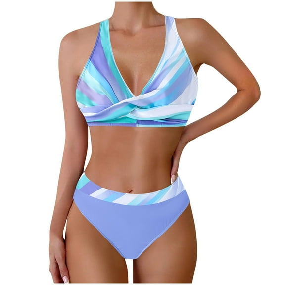 Wyobmus Womens Plus Size Bikini Set 2 Piece Floral Print Swimsuit Adjustable Strap High Waist Bikini Sets Bathing Suit F-Purple