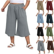 WYOBMUS Womens Plus Size Linen Capri Pants High Waisted Loose Wide Leg Palazzo Capris Casual Solid Color Summer 3/4 Lounge Pant With Pockets S-4X Dark Blue