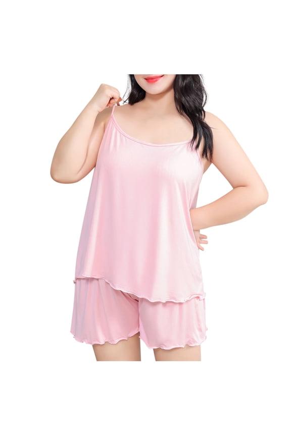Womens Plus Size Pajama Set Soft Comfy Sleep Suit Spaghetti Straps Pj Set Two Piece Ruffle Edge Sleepwear Loungewear 1X-3X Pink