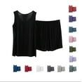thumbnail image 1 of Wyobmus Womens Plus Size Pajama Set Summer Loose Cotton Sleewear Solid Sleeveless Front Pleat Tops Elastic Waist Short Two-Piece Pajama Sets X-5X Black, 1 of 9