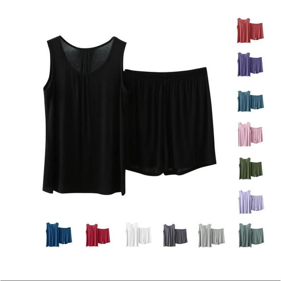Wyobmus Womens Plus Size Pajama Set Summer Loose Cotton Sleewear Solid Sleeveless Front Pleat Tops Elastic Waist Short Two-Piece Pajama Sets X-5X Light Purple