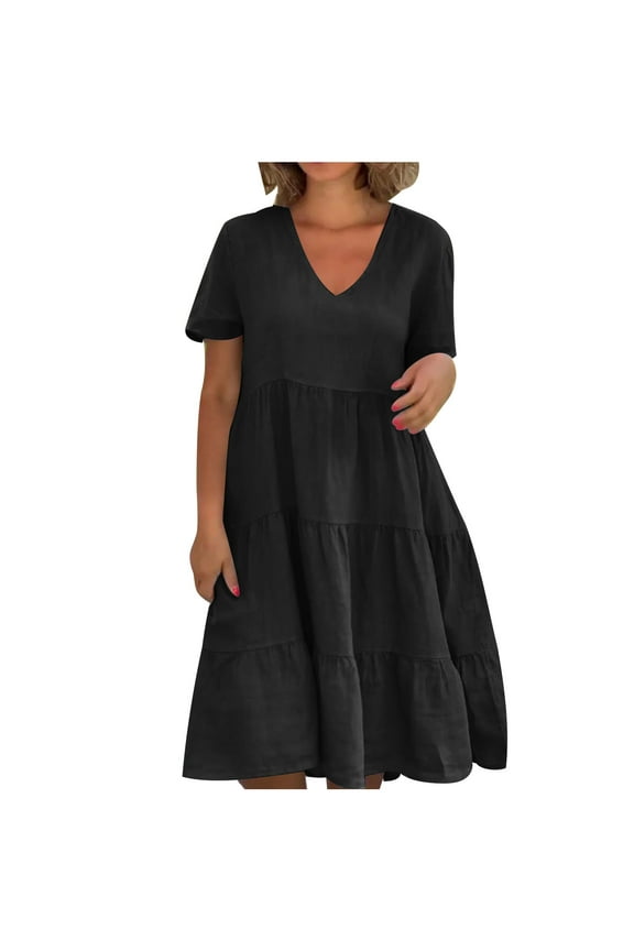 Womens Plus Size Short Sleeve Dress Summer Casual Loose Flowy Swing Shift Dresses Tiered V-Neck Aline Midi Dresses Black