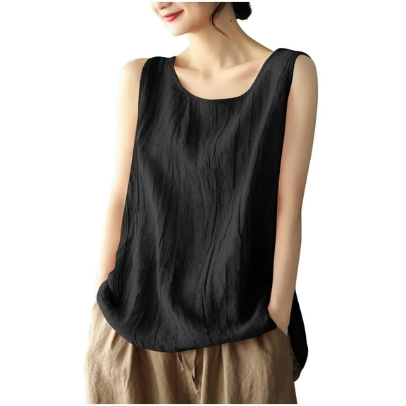Wyobmus Womens Plus Size Sleeveless Linen Tank Tops Crew Neck Loose Fit Summer Casual Flowy Curve Hem Tunic Tanks L-4Xl Black