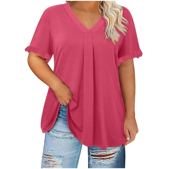 Wyobmus Womens Plus Size Summer Tops Casual Short Sleeve Pullover Ruffled Trim V Neck Flowy T-Shirt Blouses L-5Xl Hot Pink