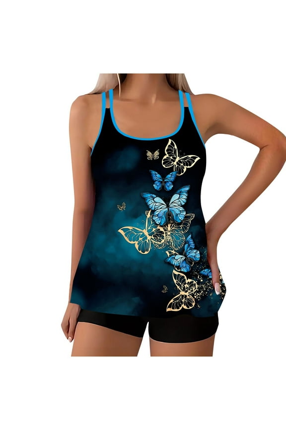 Womens Plus Size Tankini Swimsuits Tummy Control Flowy Triangle Swimwear Two Piece Modest Bathing Suits Double Straps Swim Tank Top With Boyshorts E-Dark Blue