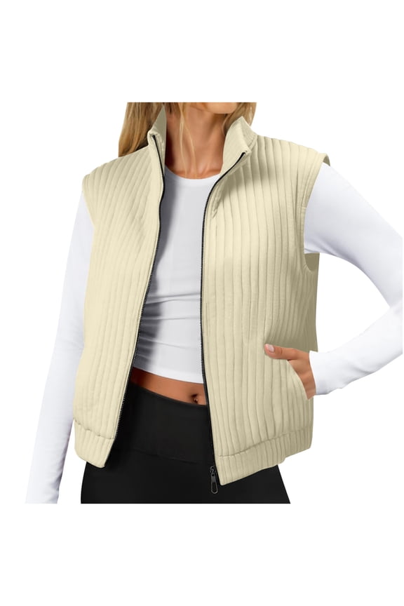 Womens Quilted Vest Winter Insulated Vest Jacket Sleeveless Zip Up Bubble Padded Vest Outerwear Trendy Lightweight Warm Coat B-Khaki