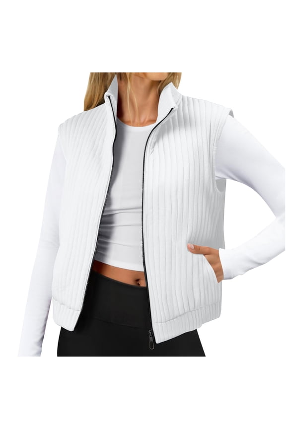 Womens Quilted Vest Winter Insulated Vest Jacket Sleeveless Zip Up Bubble Padded Vest Outerwear Trendy Lightweight Warm Coat B-White