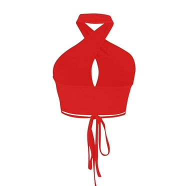 Wyobmus Womens Ribbed Halter Crop Top Ruched Lace-Up Front Cutout Cropped Top Going Out Y2K Tops Backless Cami Tank Red