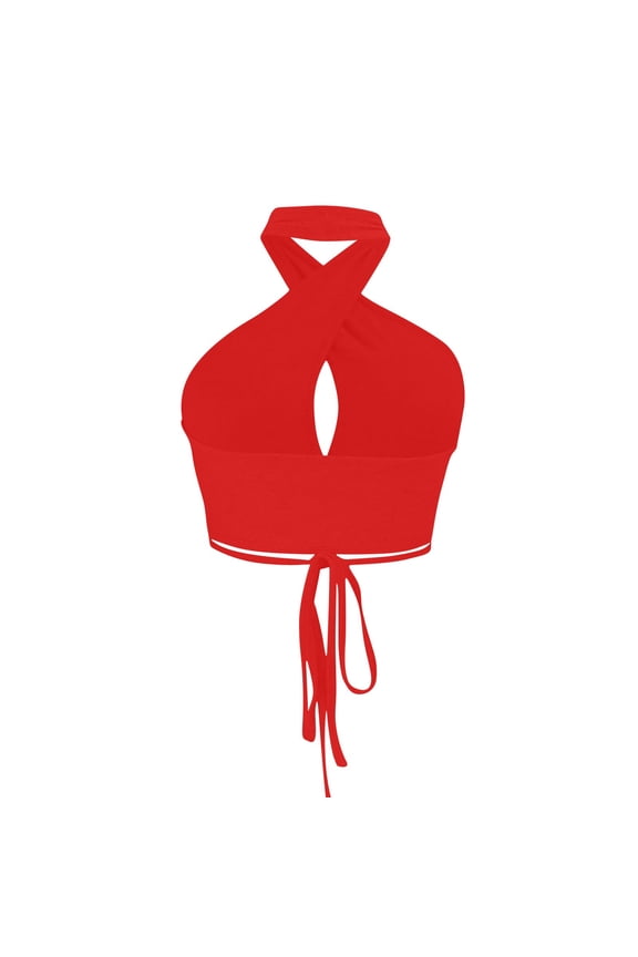 Womens Ribbed Halter Crop Top Ruched Lace-Up Front Cutout Cropped Top Going Out Y2K Tops Backless Cami Tank Red