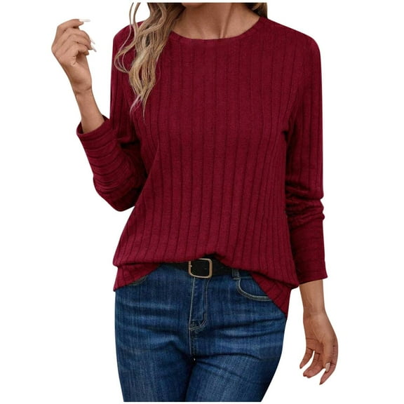 Wyobmus Womens Ribbed Knit Sweaters Fall Casual Long Sleeve Shirts Crewneck Dressy Pullover Tops Winter Fashion Clothes B-Burgundy
