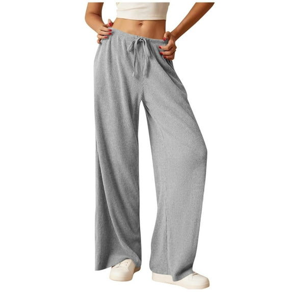 Wyobmus Womens Ribbed Wide Leg Workout Pants with Pockets Casual Comfy Frayed Sweatpants Loose Soft Knit Elastic Waist Lounge Pants with Drawstring B-Gray