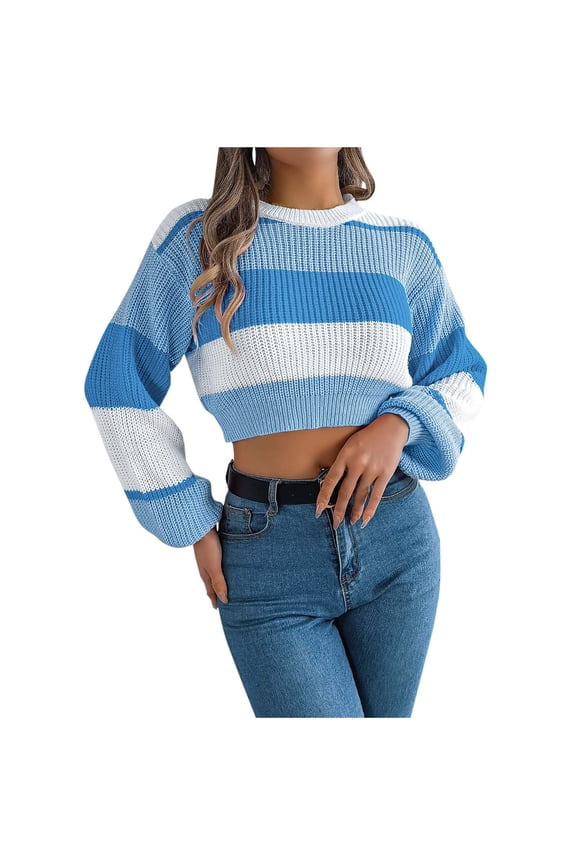 Womens Round Neck Sweaters Casual Color Block Cropped Sweaters Lantern Long Sleeve Pullover Midriff-Baring Sweater Blue