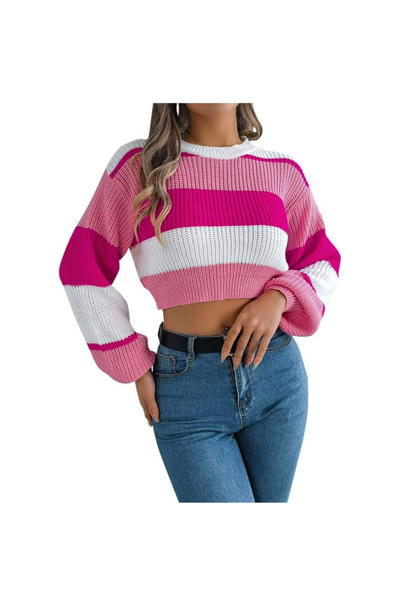 Womens Round Neck Sweaters Casual Color Block Cropped Sweaters Lantern Long Sleeve Pullover Midriff-Baring Sweater Pink