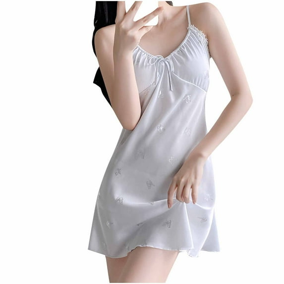 Wyobmus Womens Satin Nightgown Comfy Lingerie Sleepwear Spaghetti Strap Nightdress With Chest Pad Butterfly Print Chemises Silky Sleepdress White