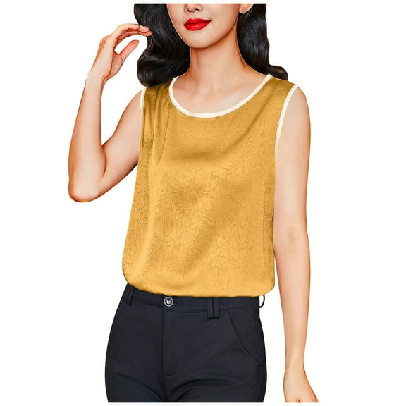Wyobmus Womens Satin Tank Tops Soft Ice Silk Chiffon Blouse Crew Neck Sleeveless Camisole Shirt Contrast Trim Basic Summer Shirt M-4X Gold