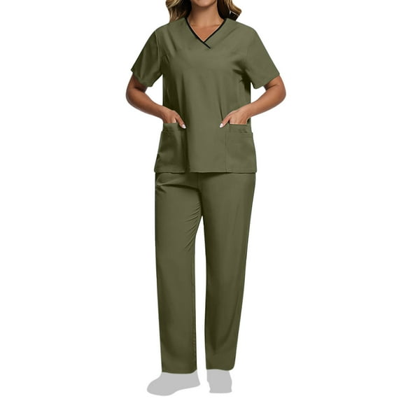 Wyobmus Womens Scrub Set With 10 Pockets Modern Fit Lightweight Stretch V-Neck Top And Cargo Pant Color Block Nursing Uniform Set Olive Green