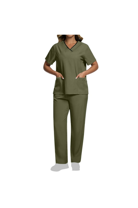 Womens Scrub Set With 10 Pockets Modern Fit Lightweight Stretch V-Neck Top And Cargo Pant Color Block Nursing Uniform Set Olive Green