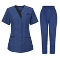 thumbnail image 1 of Wyobmus Womens Scrubs Set Nurse Uniform Work Suit Stretch Short Sleeve V Neck Tops & Elastic Waist Pants With Multi Pocket A-Navy, 1 of 2