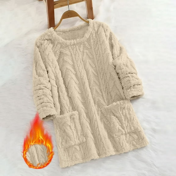 Wyobmus Womens Sherpa Fleece Sweatshirts Soft Crew Neck Fuzzy Overcoat Cute Long Sleeve Warm Winter Outwear Coat A-Beige