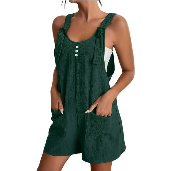 Wyobmus Womens Short Rompers Loose Solid Color Sleeveless Square Neck Bubble Ruched Jumpsuit Adjustable Straps Wide Leg Shorts Overalls Olive Green