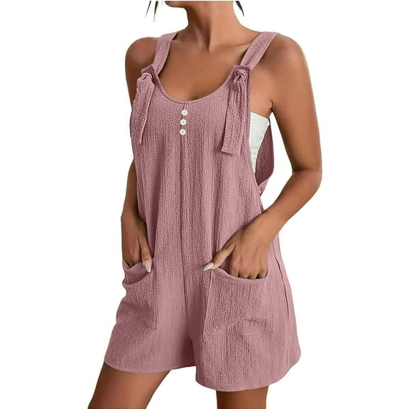 Wyobmus Womens Short Rompers Loose Solid Color Sleeveless Square Neck Bubble Ruched Jumpsuit Adjustable Straps Wide Leg Shorts Overalls Pink