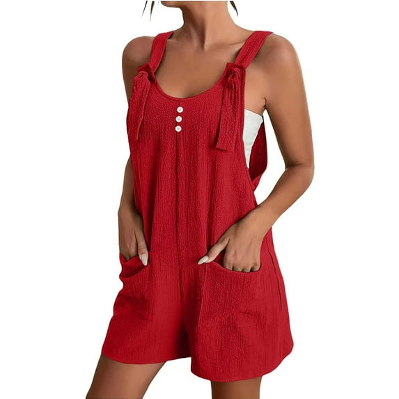 Wyobmus Womens Short Rompers Loose Solid Color Sleeveless Square Neck Bubble Ruched Jumpsuit Adjustable Straps Wide Leg Shorts Overalls Red