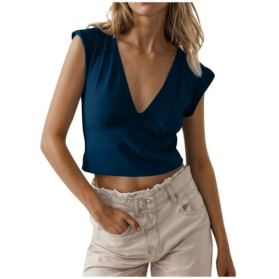 Wyobmus Womens Short Sleeve Cropped T-Shirts Summer Rolled Sleeve Ruched Tops Casual Deep V Neck Solid Short Basic Tees Blue