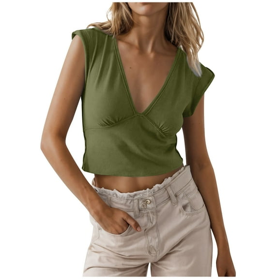 Wyobmus Womens Short Sleeve Cropped T-Shirts Summer Rolled Sleeve Ruched Tops Casual Deep V Neck Solid Short Basic Tees Olive Green