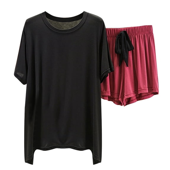 Wyobmus Womens Short Sleeve Pajama Sets 2 Piece Sleep Outfits Casual Soft Crew Neck T-Shirt & Comfortable Drawstring Shorts Lounge Pj Set B-Black*