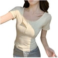 thumbnail image 1 of Wyobmus Womens Short Sleeve T Shirt Y2K Mock 2 Piece Lace Patchwork Henley Shirts Button Down Scoop Neck Slim Fit Tops Ribbed Knit Tee Tops Beige, 1 of 9